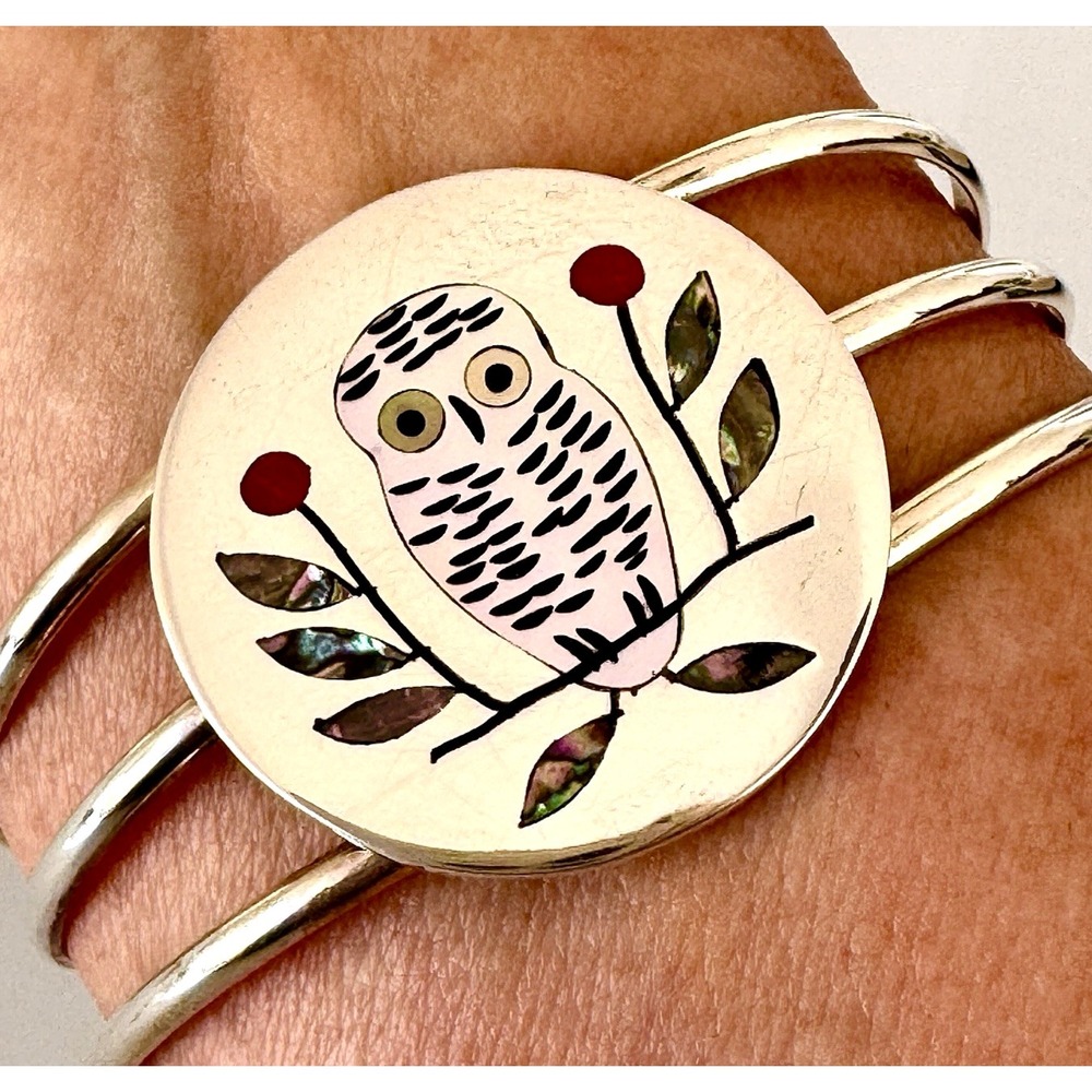 Zuni Inlay Bird Cuff Bracelet 6.5in Snowy Owl Turquoise Signed  Edaakie Sterling